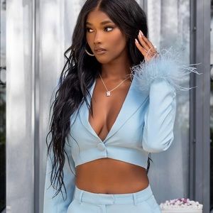 BLUE CROPPED BLAZER WITH FEATHER TRIM ON SLEEVE CUFF NWT